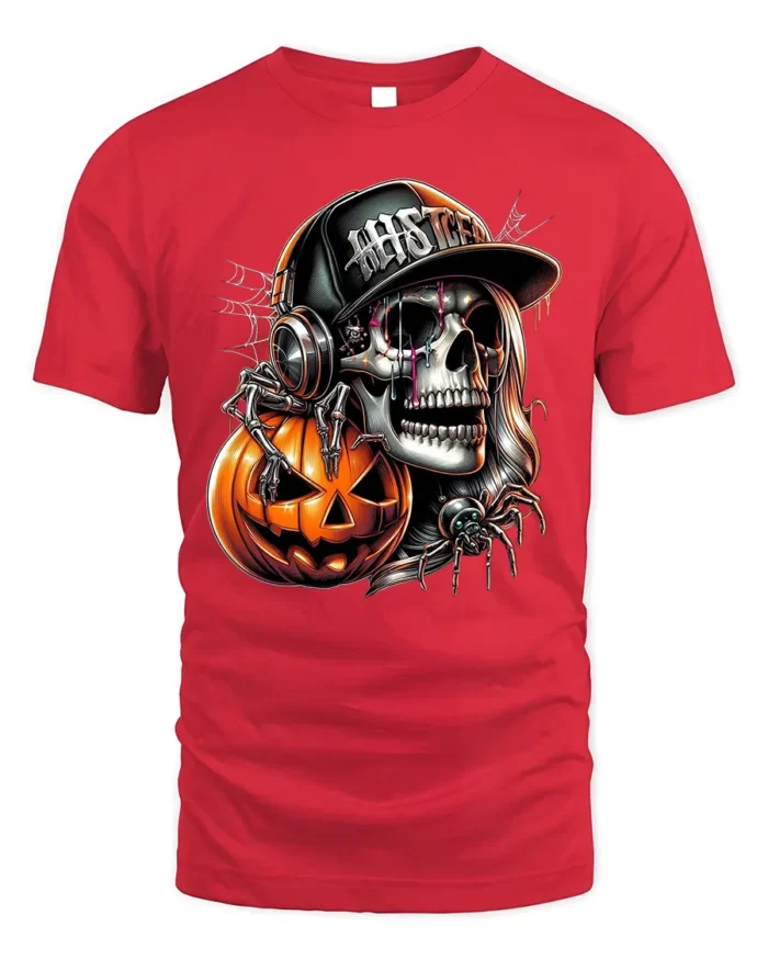 Halloween Skull DJ Pumpkin Graphic T-Shirt - red t-shirt on white background