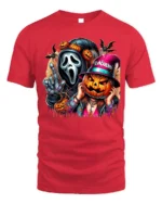 Halloween Mask and Pumpkin Party T-Shirt - red t-shirt on white background