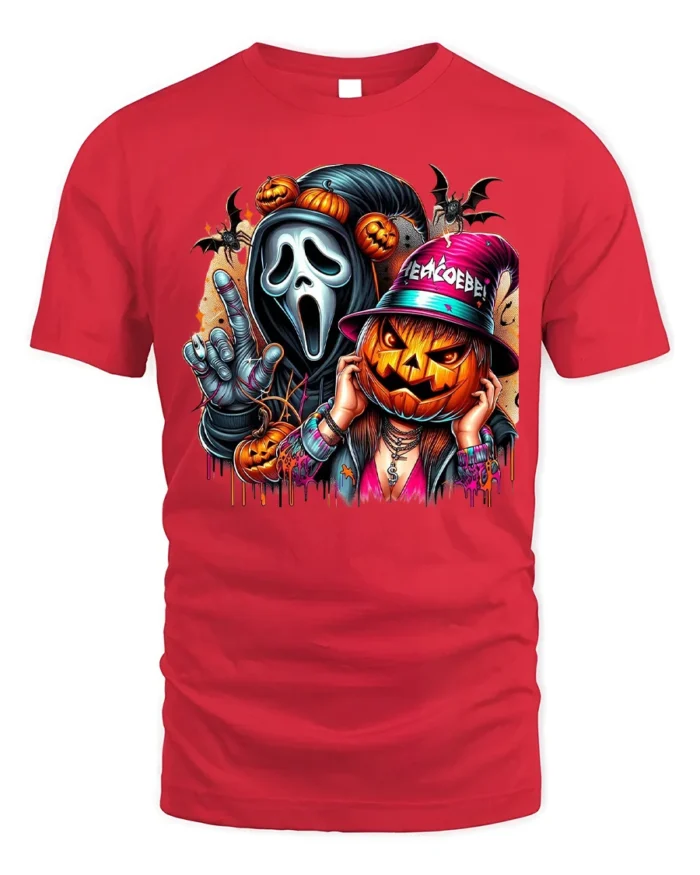 Halloween Mask and Pumpkin Party T-Shirt - red t-shirt on white background