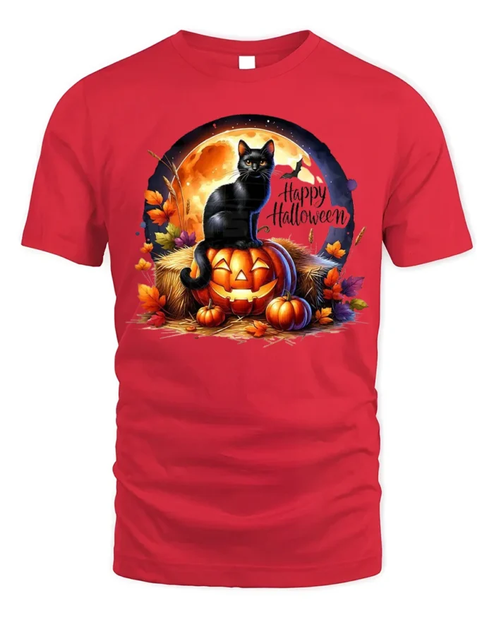 Black Cat Pumpkin Halloween Night T-Shirt - red t-shirt on white background