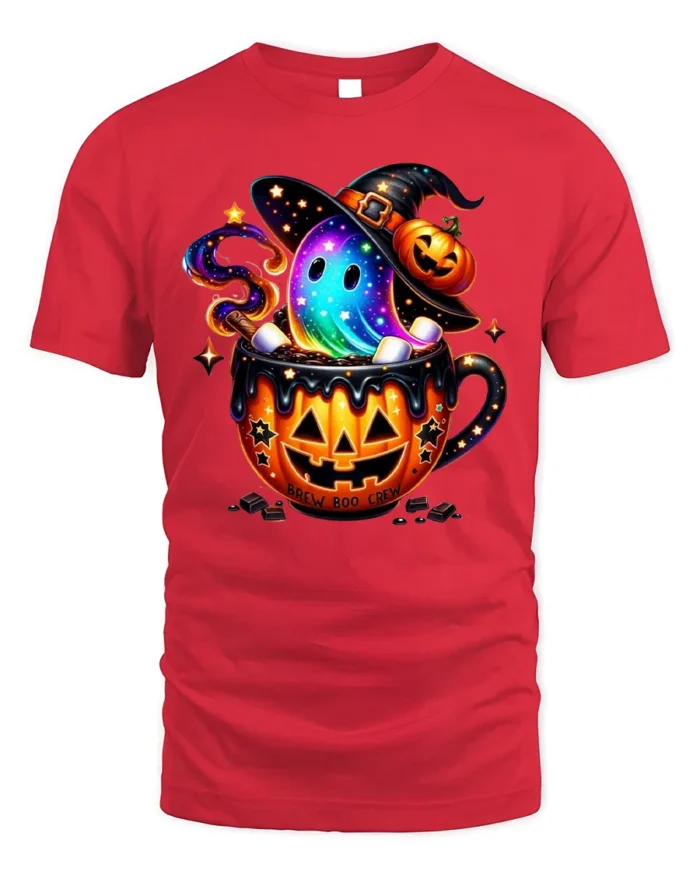 Brew Boo Crew Halloween Ghost Pumpkin T-Shirt - red t-shirt on white background