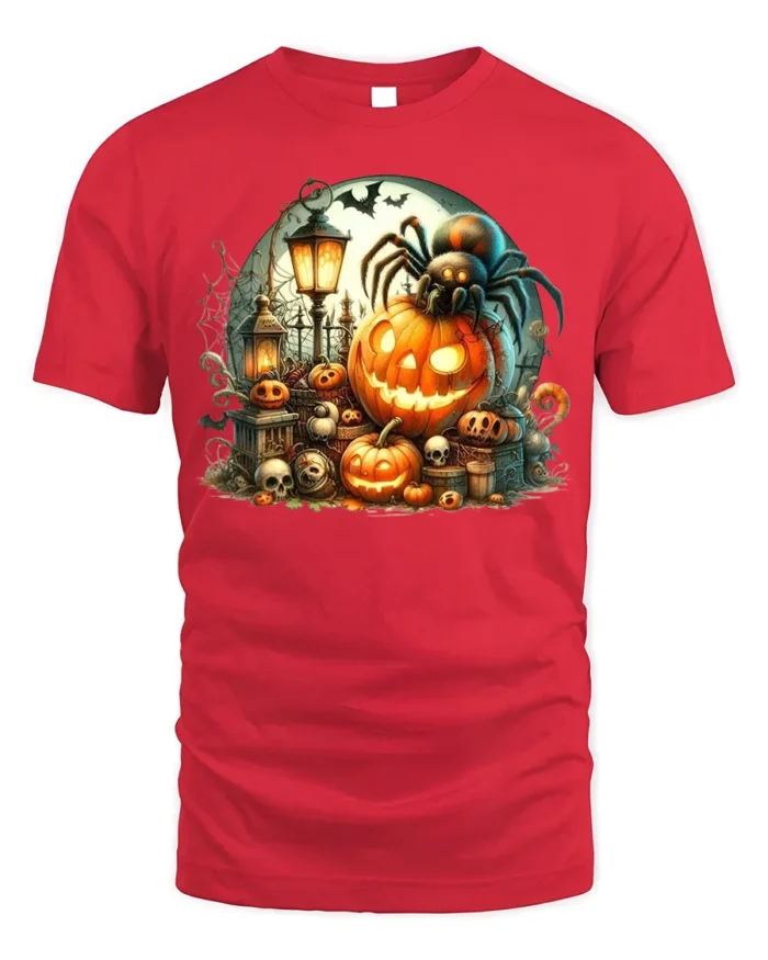 Halloween Spider Pumpkin Graveyard T-Shirt - red t-shirt on white background
