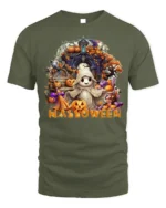 Cute Ghost Halloween T-Shirt with Pumpkin Print - military green t-shirt on white background