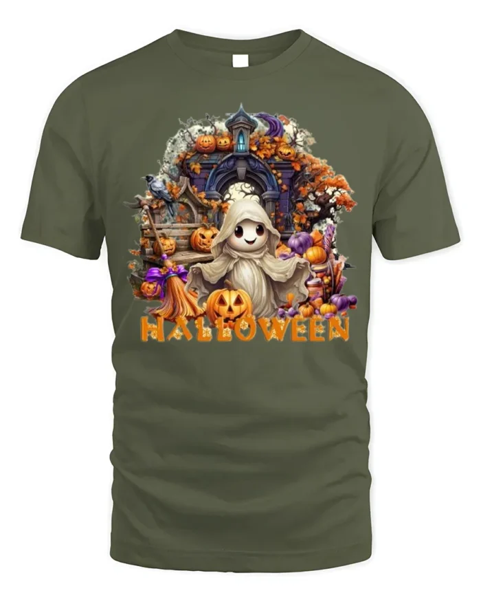 Cute Ghost Halloween T-Shirt with Pumpkin Print - military green t-shirt on white background