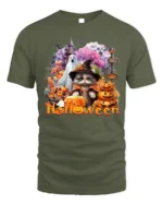 Halloween Cat Ghost Pumpkin Graphic T-Shirt - military green t-shirt on white background