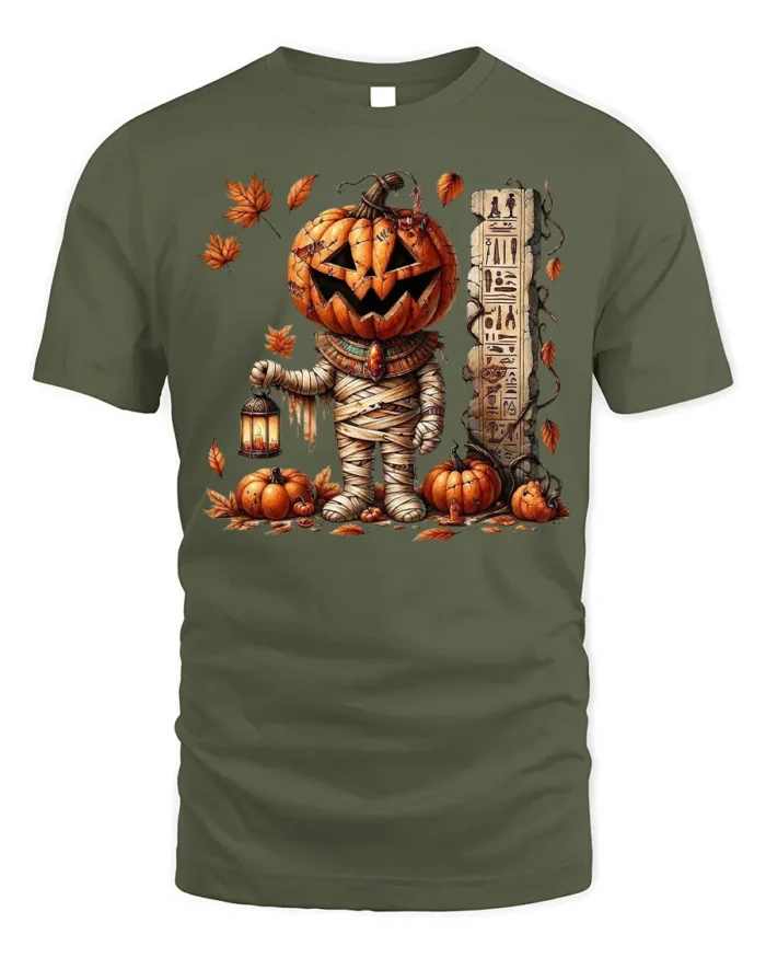 Pumpkin Mummy Halloween Lantern Graphic T-Shirt - military green t-shirt on white background