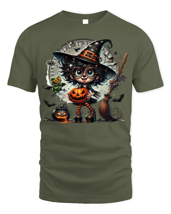 Cute Witch Pumpkin Halloween Magic T-Shirt - military green t-shirt on white background