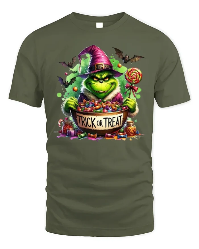 Trick or Treat Candy Monster Halloween T-Shirt - military green t-shirt on white background