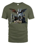 Haunted Castle Bat Happy Halloween T-Shirt - military green t-shirt on white background