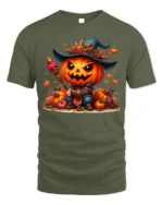 Pumpkin Warrior Halloween Witch Hat T-Shirt - military green t-shirt on white background