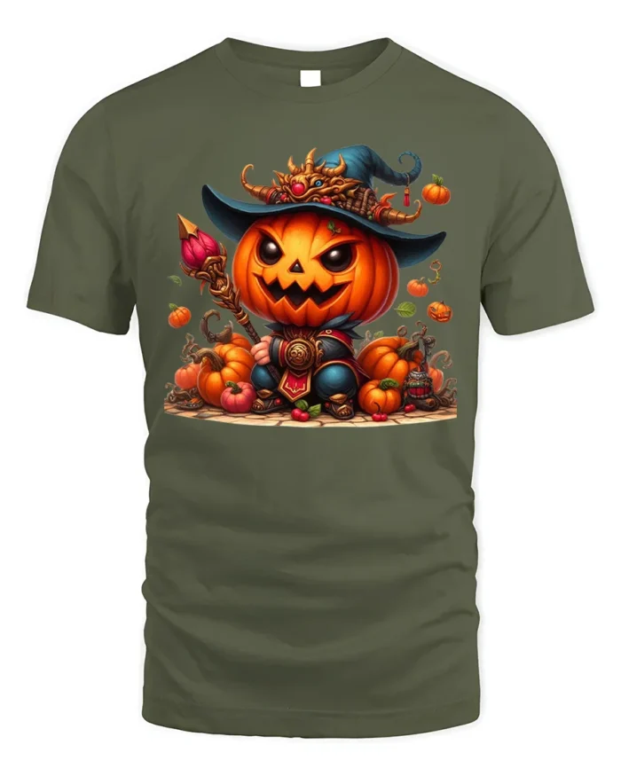 Pumpkin Warrior Halloween Witch Hat T-Shirt - military green t-shirt on white background