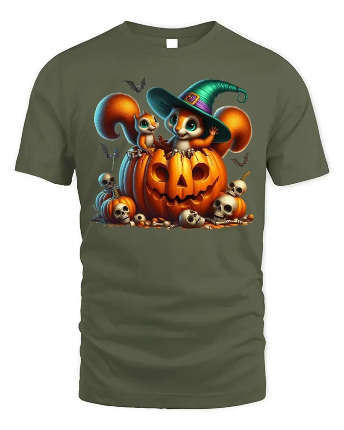 Halloween Squirrel Pumpkin Witch Hat T-Shirt - military green t-shirt on white background