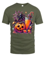 Halloween Pumpkin Drink Graphic T-Shirt - military green t-shirt on white background