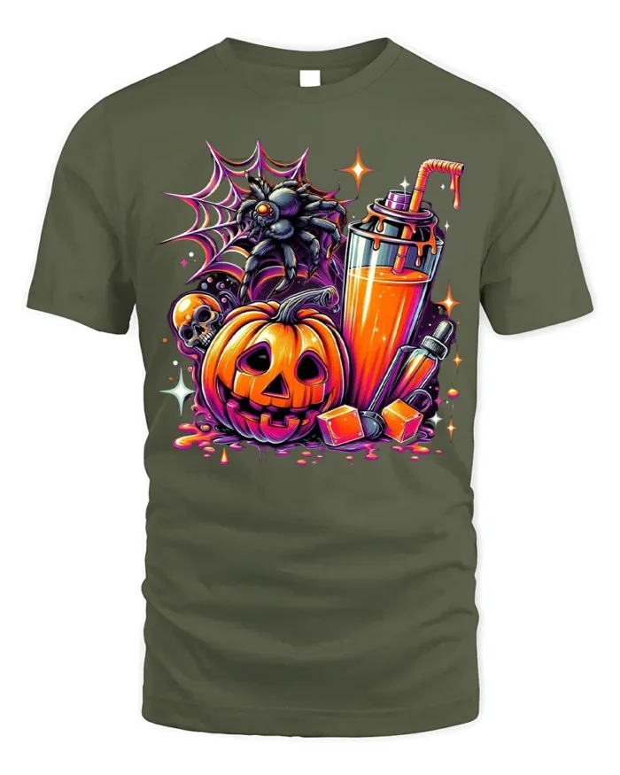 Halloween Pumpkin Drink Graphic T-Shirt - military green t-shirt on white background