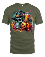 Skull Pumpkin Spider Halloween Drink T-Shirt - military green t-shirt on white background
