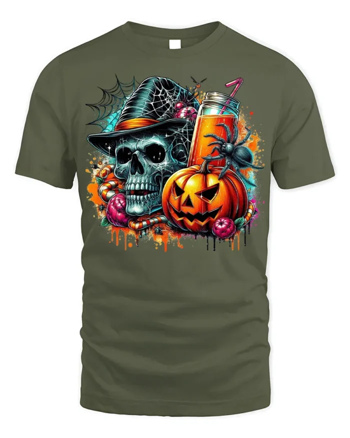 Skull Pumpkin Spider Halloween Drink T-Shirt - military green t-shirt on white background