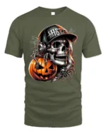 Halloween Skull DJ Pumpkin Graphic T-Shirt - military green t-shirt on white background