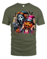 Halloween Mask and Pumpkin Party T-Shirt - military green t-shirt on white background