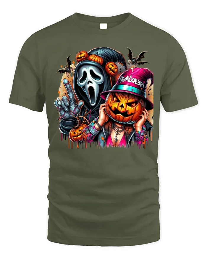 Halloween Mask and Pumpkin Party T-Shirt - military green t-shirt on white background