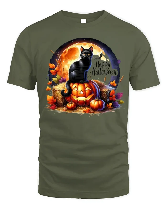 Black Cat Pumpkin Halloween Night T-Shirt - military green t-shirt on white background
