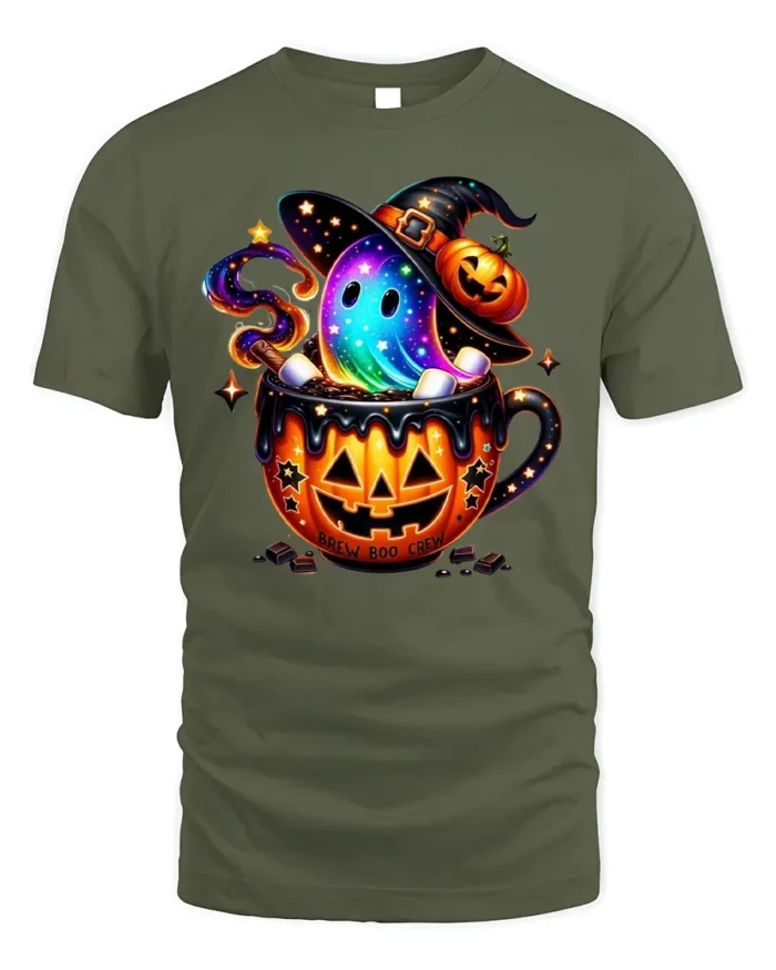 Brew Boo Crew Halloween Ghost Pumpkin T-Shirt - military green t-shirt on white background