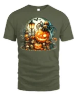Halloween Spider Pumpkin Graveyard T-Shirt - military green t-shirt on white background