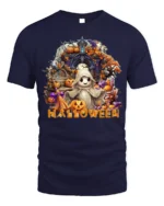 Cute Ghost Halloween T-Shirt with Pumpkin Print - navy t-shirt on white background