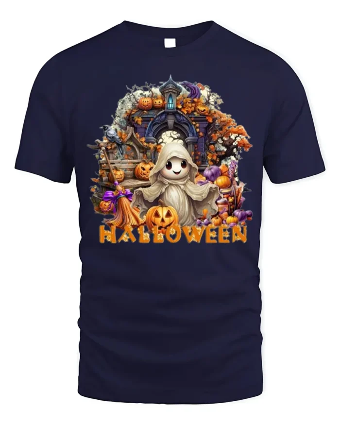 Cute Ghost Halloween T-Shirt with Pumpkin Print - navy t-shirt on white background