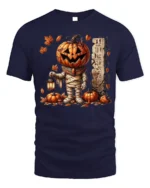 Pumpkin Mummy Halloween Lantern Graphic T-Shirt - navy t-shirt on white background