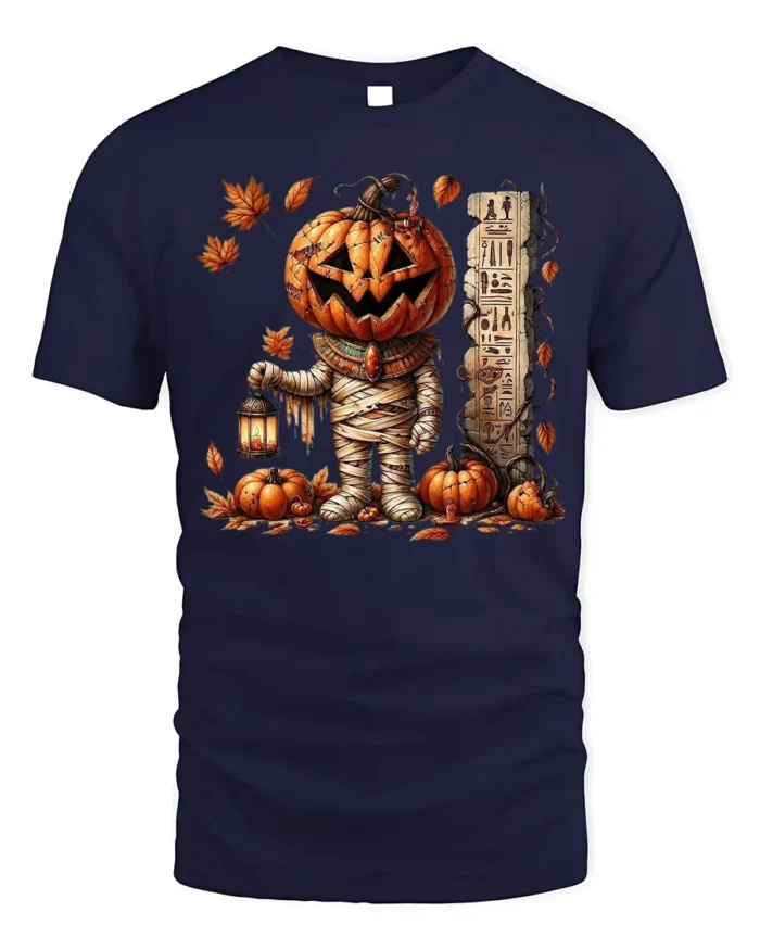 Pumpkin Mummy Halloween Lantern Graphic T-Shirt - navy t-shirt on white background