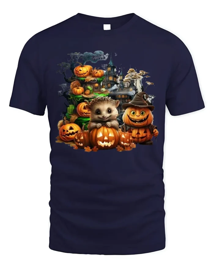 Hedgehog Pumpkin Halloween Haunted T-Shirt - navy t-shirt on white background