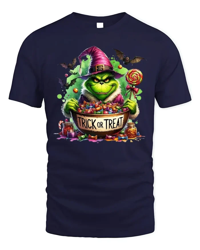 Trick or Treat Candy Monster Halloween T-Shirt - navy t-shirt on white background