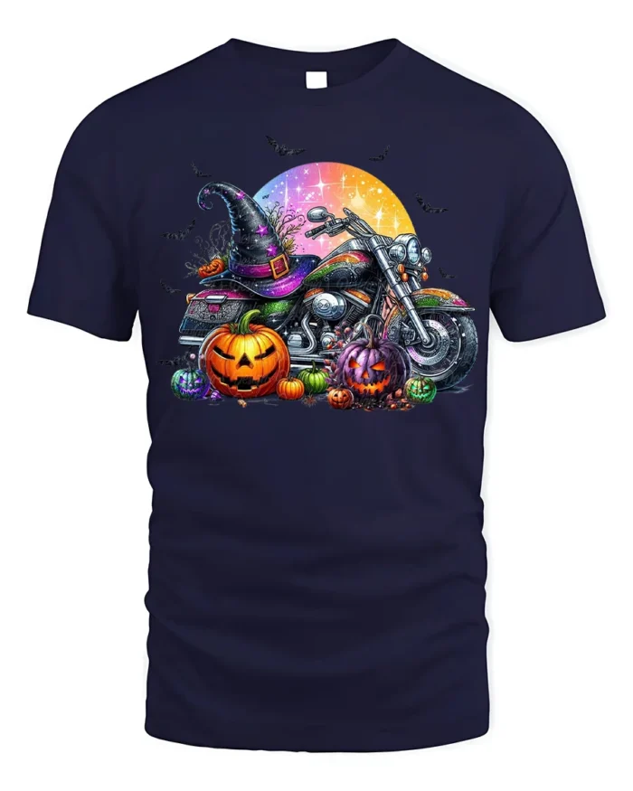 Halloween Motorcycle Pumpkin Rider T-Shirt - navy t-shirt on white background
