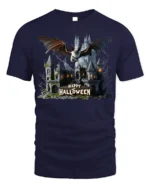 Haunted Castle Bat Happy Halloween T-Shirt - navy t-shirt on white background