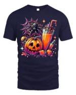 Halloween Pumpkin Drink Graphic T-Shirt - navy t-shirt on white background