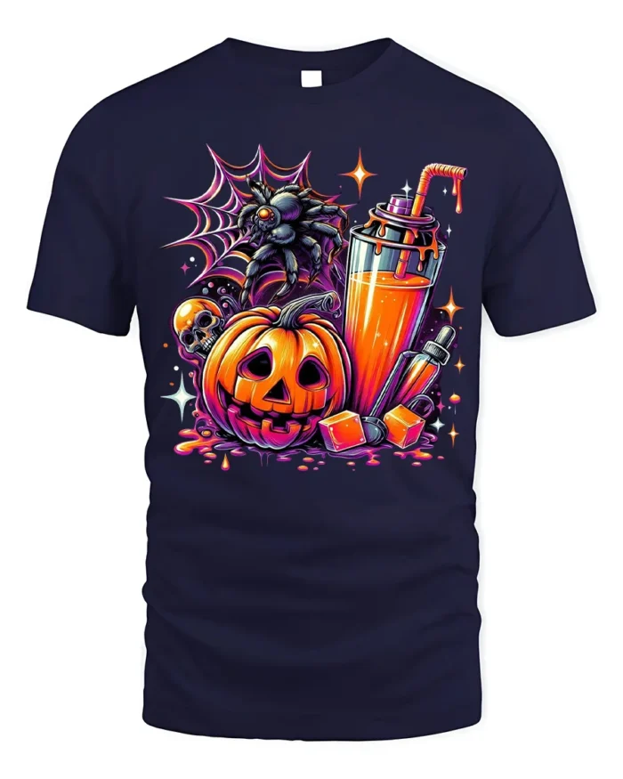 Halloween Pumpkin Drink Graphic T-Shirt - navy t-shirt on white background