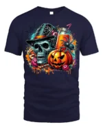 Skull Pumpkin Spider Halloween Drink T-Shirt - navy t-shirt on white background