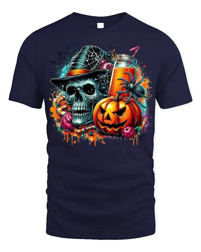 Skull Pumpkin Spider Halloween Drink T-Shirt - navy t-shirt on white background