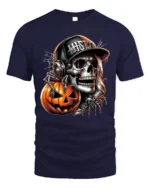 Halloween Skull DJ Pumpkin Graphic T-Shirt - navy t-shirt on white background