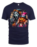 Halloween Mask and Pumpkin Party T-Shirt - navy t-shirt on white background
