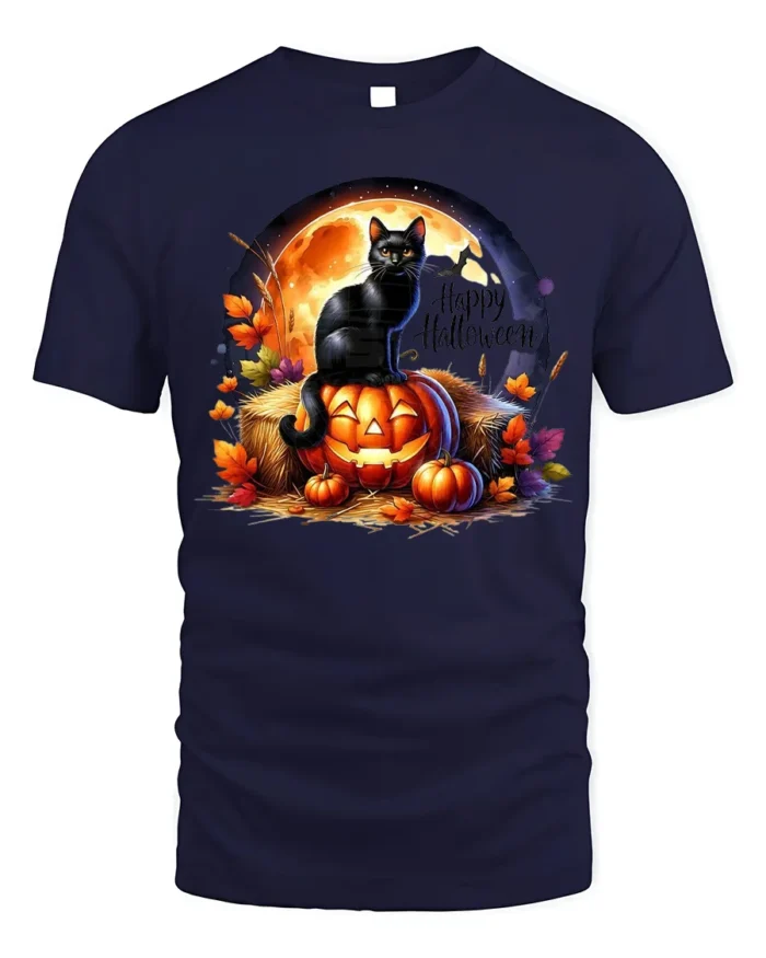 Black Cat Pumpkin Halloween Night T-Shirt - navy t-shirt on white background