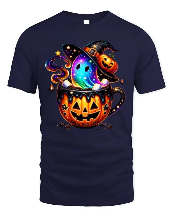 Brew Boo Crew Halloween Ghost Pumpkin T-Shirt - navy t-shirt on white background