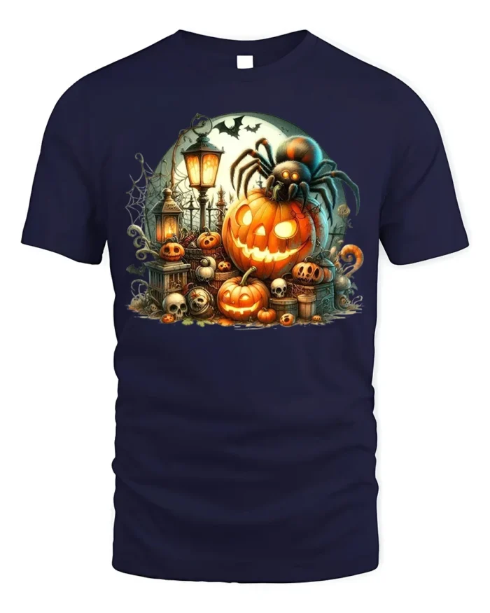Halloween Spider Pumpkin Graveyard T-Shirt - navy t-shirt on white background