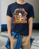 Cute Ghost Halloween T-Shirt with Pumpkin Print - model wearing navy shirt, hands in pockets