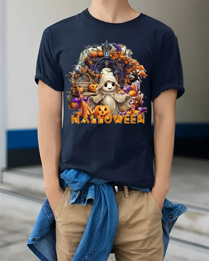Cute Ghost Halloween T-Shirt with Pumpkin Print - model wearing navy shirt, hands in pockets