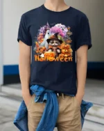 Halloween Cat Ghost Pumpkin Graphic T-Shirt - model wearing navy shirt, hands in pockets