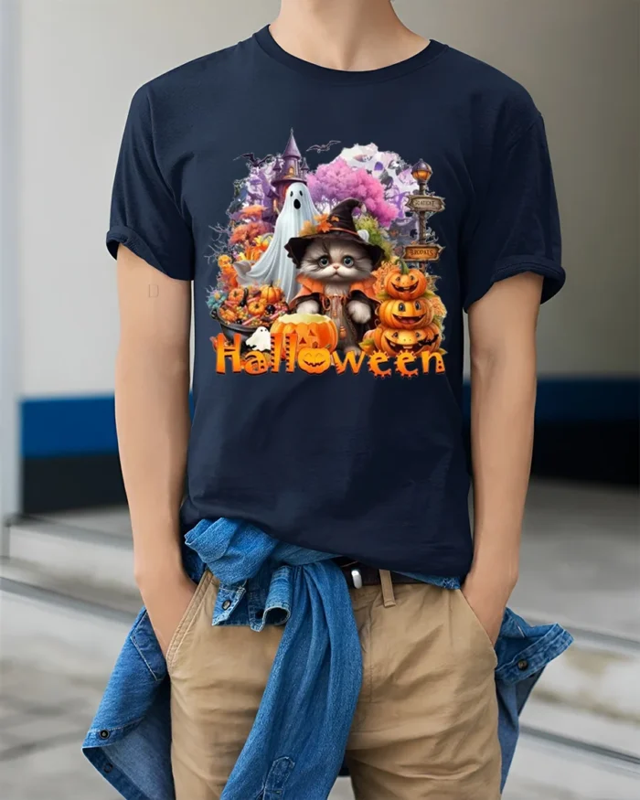 Halloween Cat Ghost Pumpkin Graphic T-Shirt - model wearing navy shirt, hands in pockets