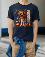 Pumpkin Mummy Halloween Lantern Graphic T-Shirt - model wearing navy shirt, hands in pockets