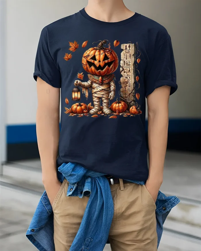 Pumpkin Mummy Halloween Lantern Graphic T-Shirt - model wearing navy shirt, hands in pockets