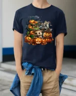 Hedgehog Pumpkin Halloween Haunted T-Shirt - model wearing navy shirt, hands in pockets